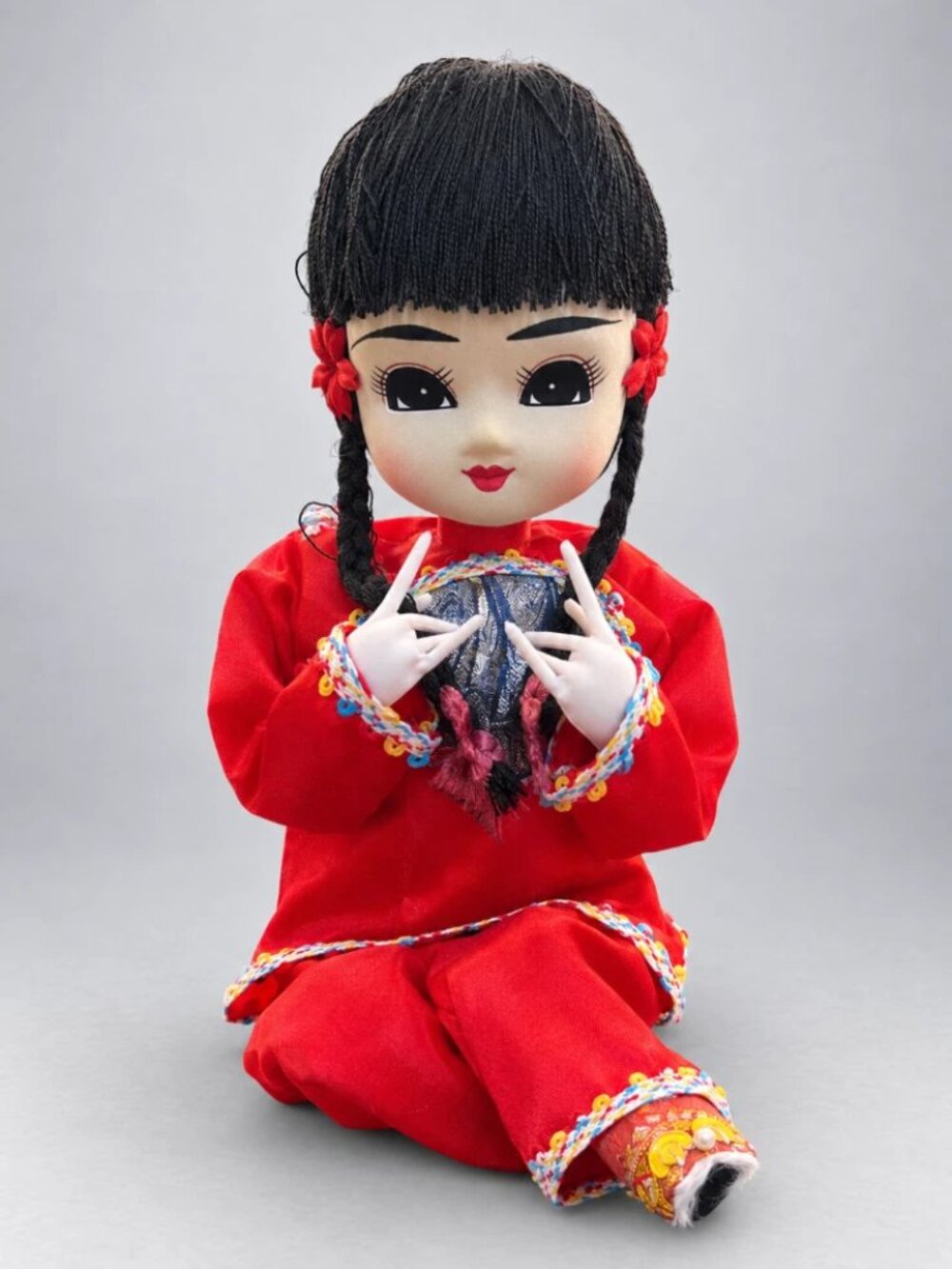 Vintage Asian Cloth Doll 9.5", Red Traditional Costume Braided Hair Seated Folk